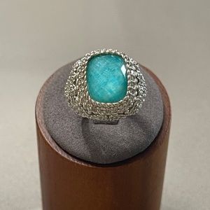 Judith Ripka Sterling Silver Ring with Aqua Doublet and Diamonique side stone